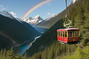 彩色登山缆车的美景盛宴