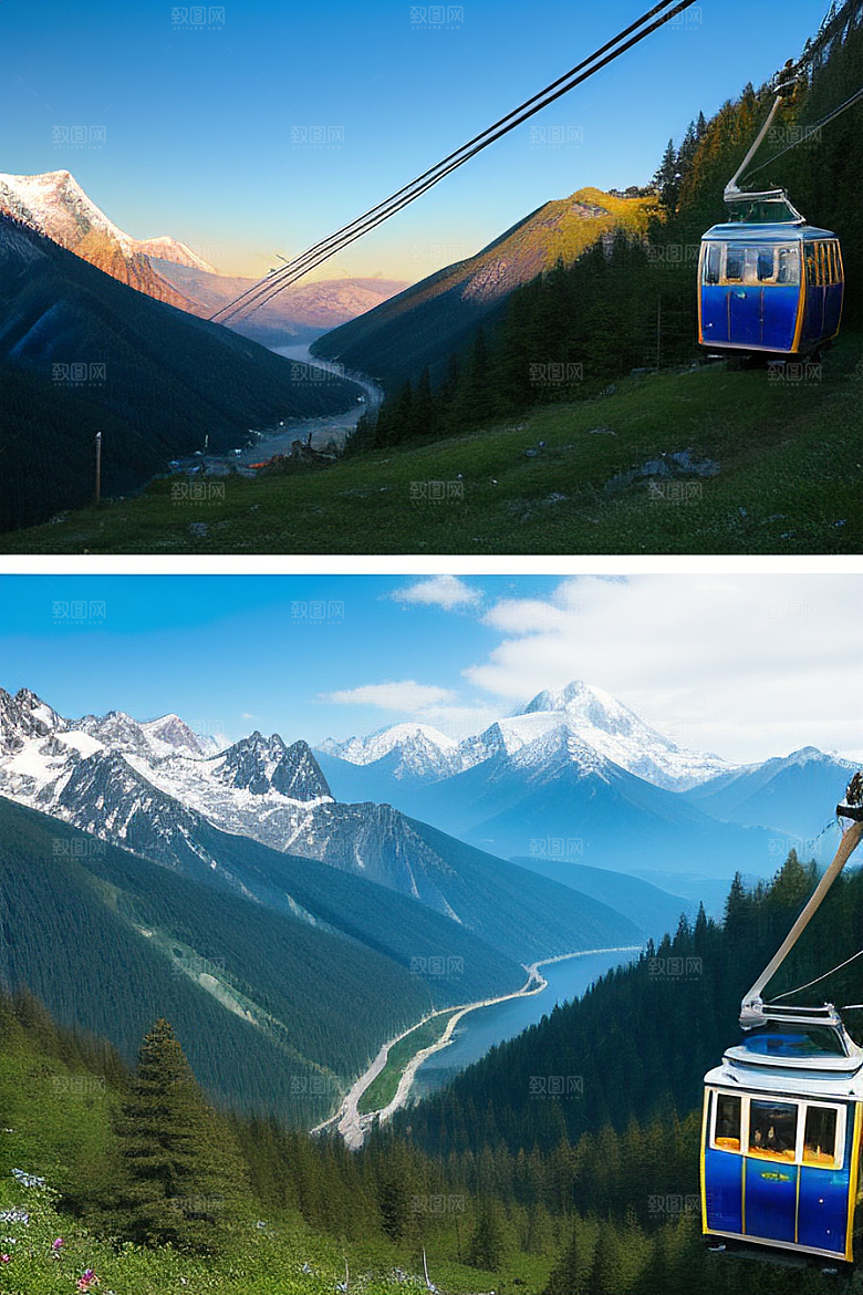 彩色登山缆车的壮丽风景