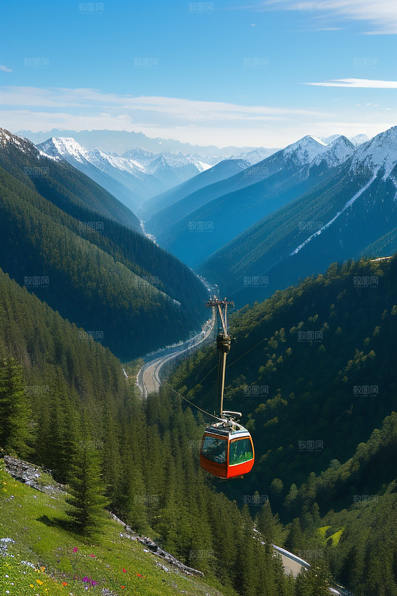 彩色登山缆车的壮丽风景