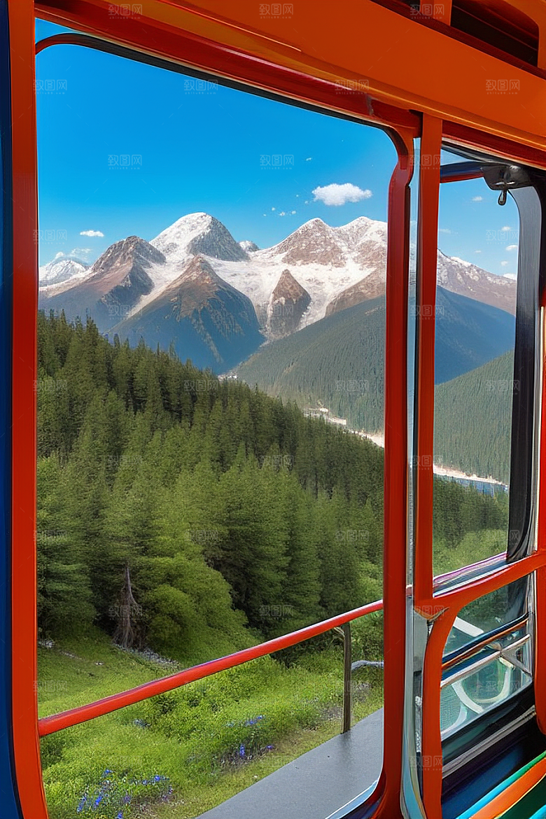 彩色登山缆车的壮丽风景