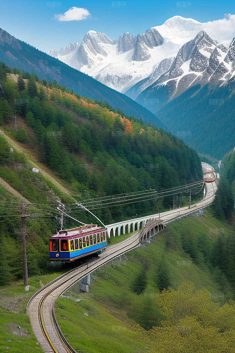 彩色登山缆车的壮丽风景