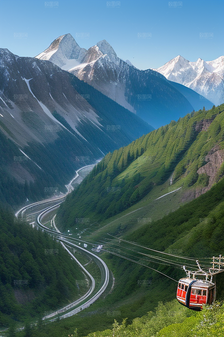 彩色登山缆车的壮丽风景