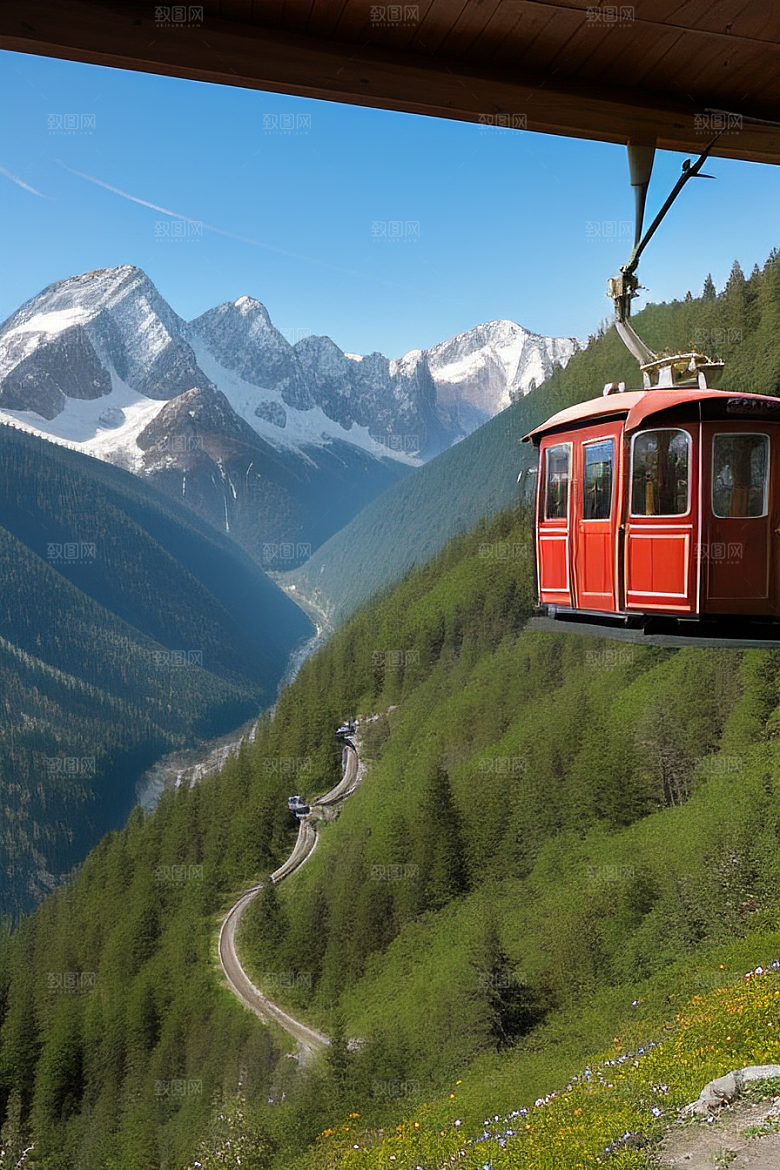 彩色登山缆车的壮丽风景