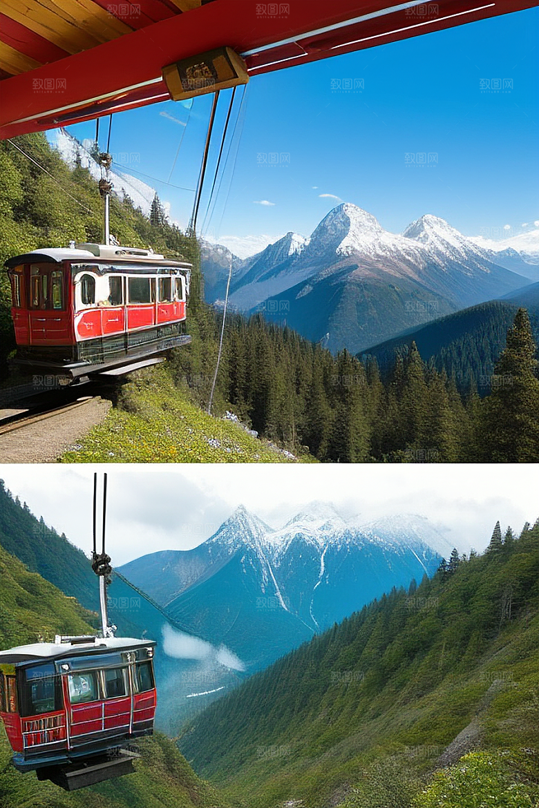 彩色登山缆车的壮丽风景