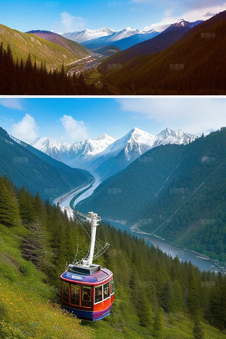 彩色登山缆车的美丽景色