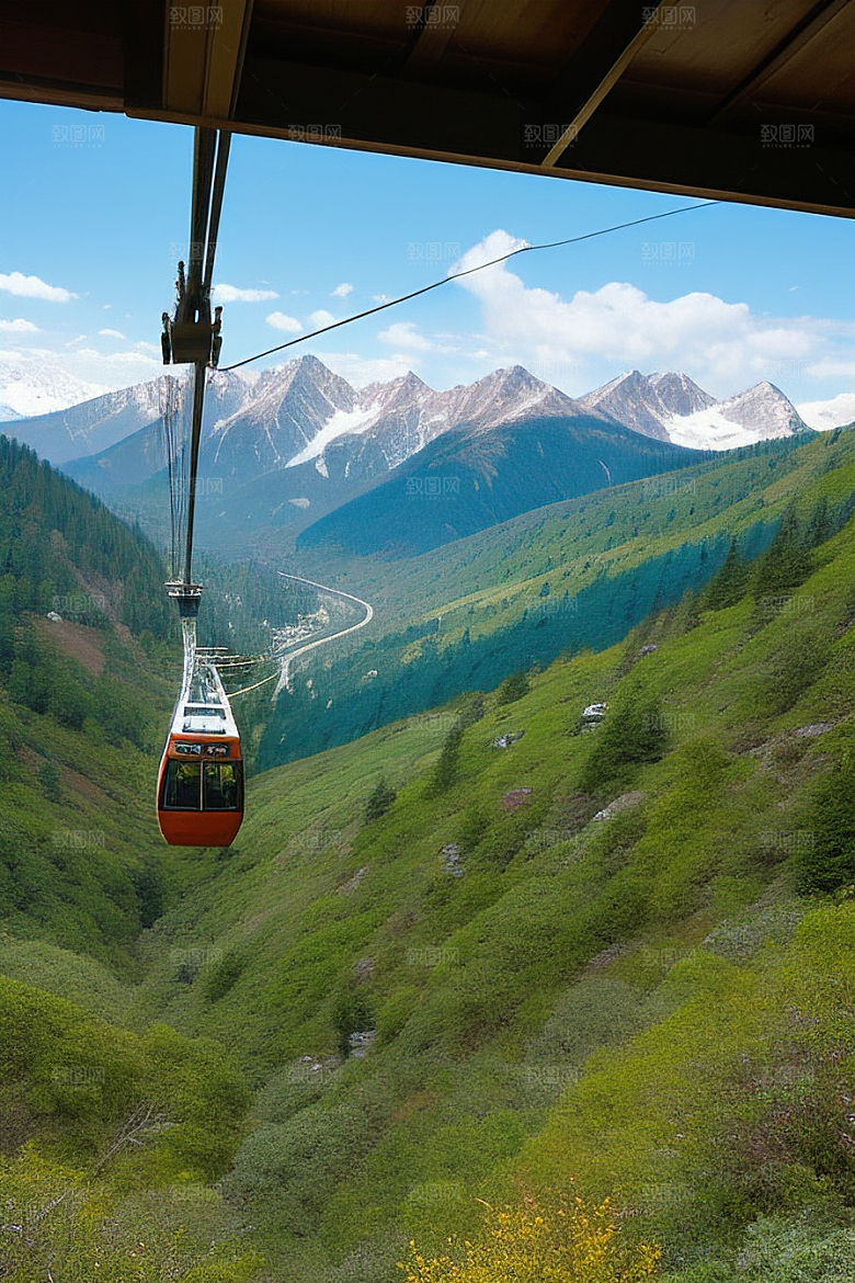 彩色登山缆车的美丽景色
