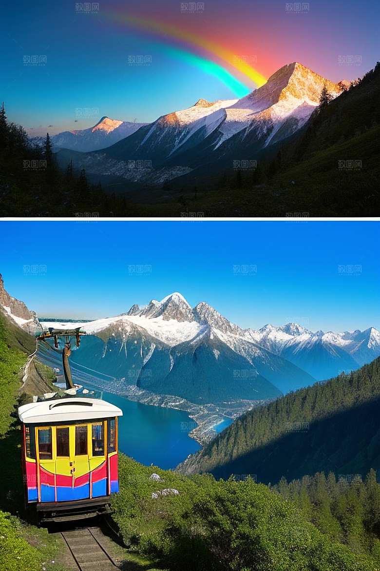 彩色登山缆车的美丽景色