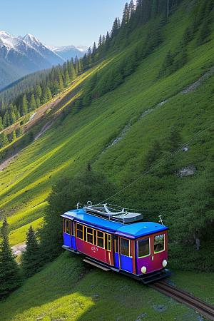 彩色登山缆车的美丽景色
