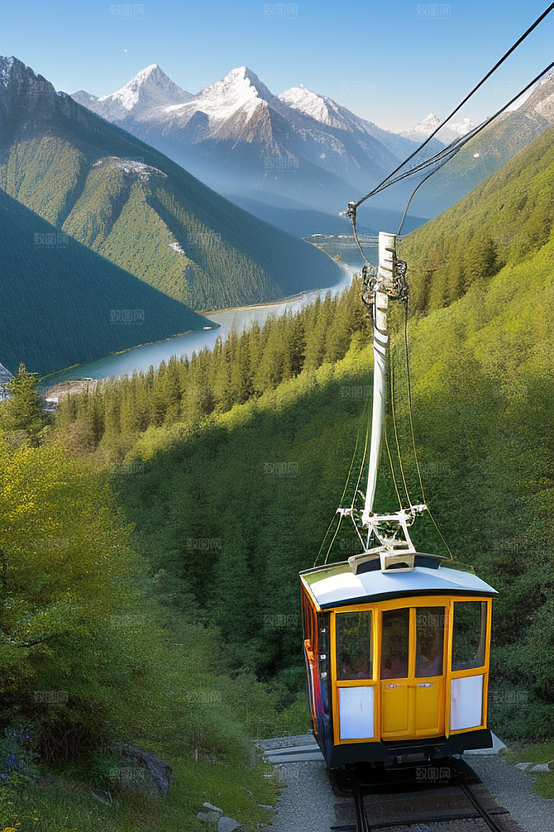 彩色登山缆车的壮丽风景