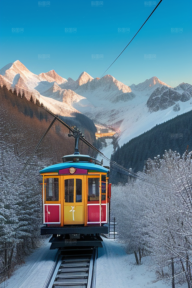 彩色登山缆车的壮丽风景