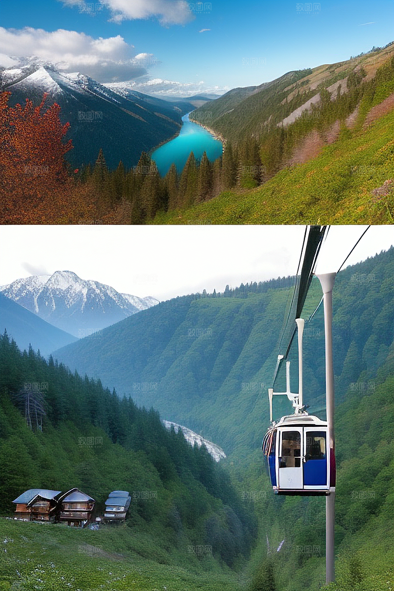 彩色登山缆车的壮丽风景