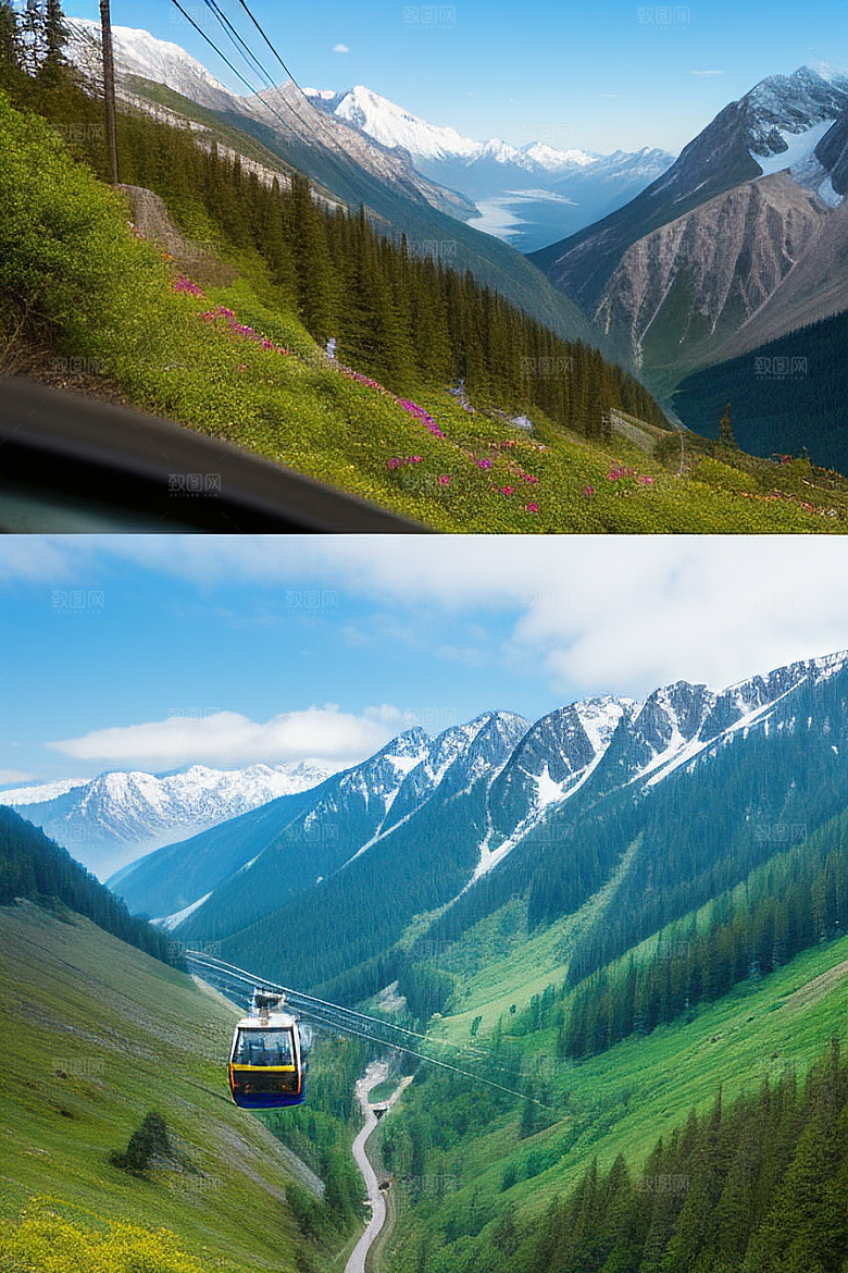 彩色登山缆车的壮丽风景