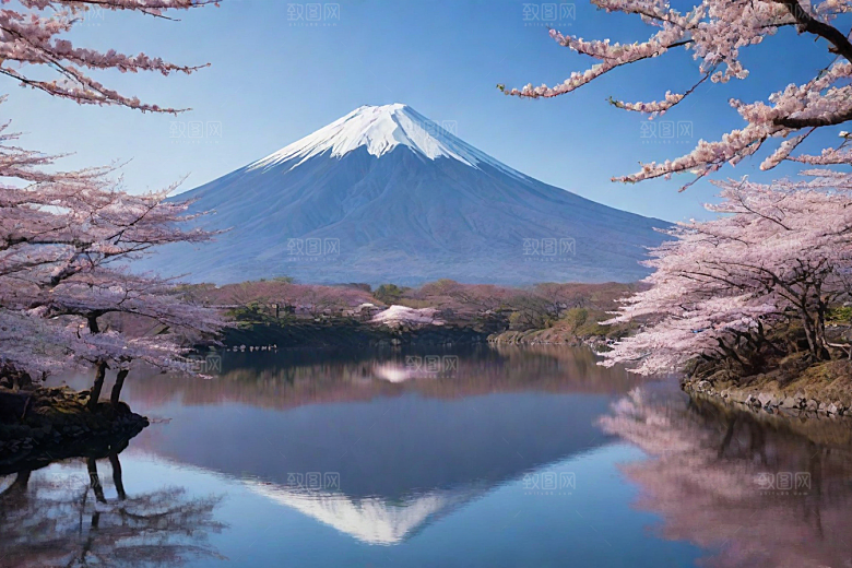 樱花树与富士山的对比