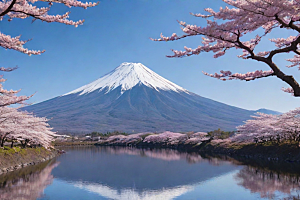 樱花树与富士山的对比
