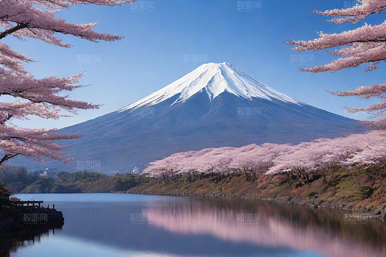 樱花树与富士山的对比