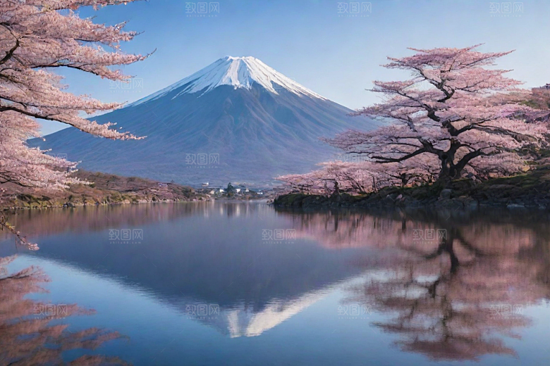樱花树与富士山的对比
