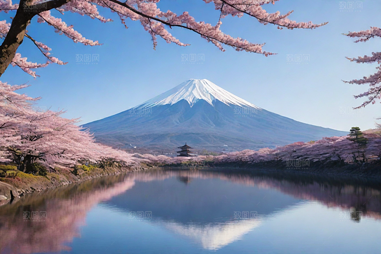 樱花树与富士山的对比