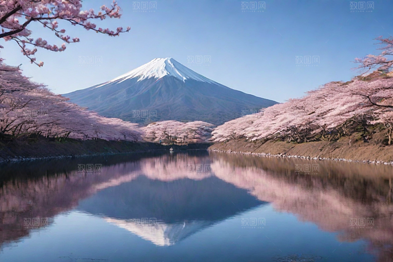 樱花树与富士山的对比