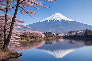 樱花树与富士山的对比