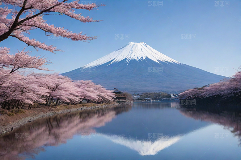 樱花树与富士山的对比