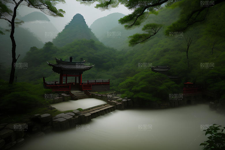 薄雾笼罩的武夷山神秘迷人的山谷风景