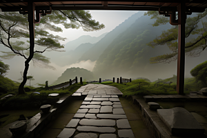薄雾笼罩的武夷山神秘迷人的山谷风景