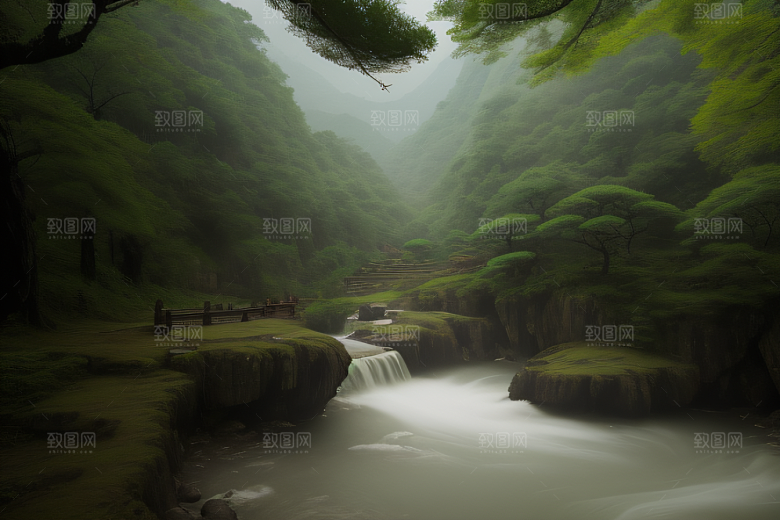 薄雾笼罩的武夷山神秘迷人的山谷风景