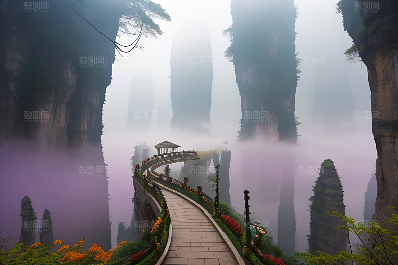 挺立薄雾中的砂岩石柱