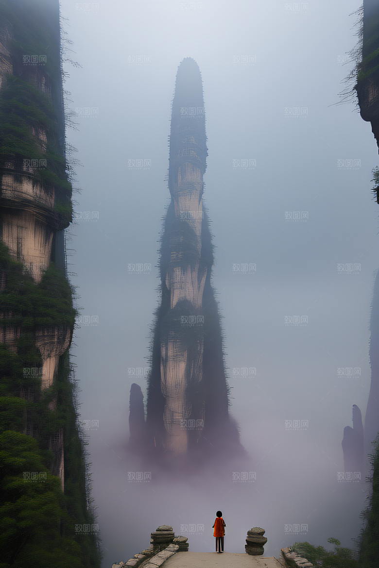 挺立薄雾中的砂岩石柱