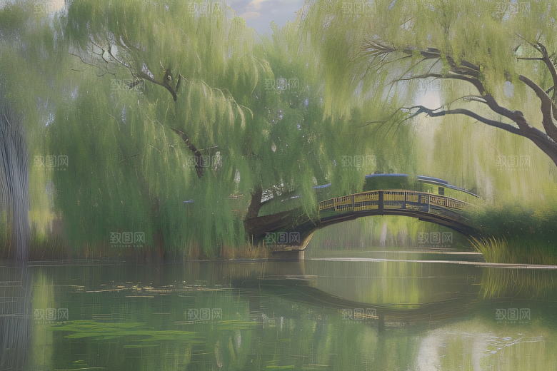 春日柳树的细雨蒙蒙