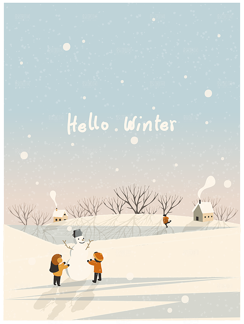卡通冬日雪季冬季雪地雪人景人物展板设计