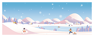 卡通冬日雪季冬季雪地雪人景人物展板设计