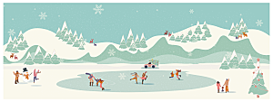 卡通冬日雪季冬季雪地雪人景人物展板设计