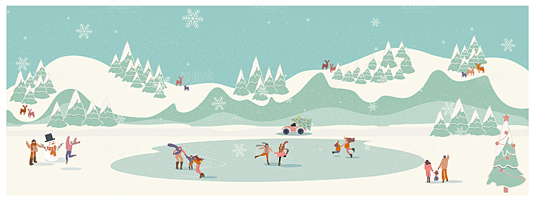 卡通冬日雪季冬季雪地雪人景人物展板设计