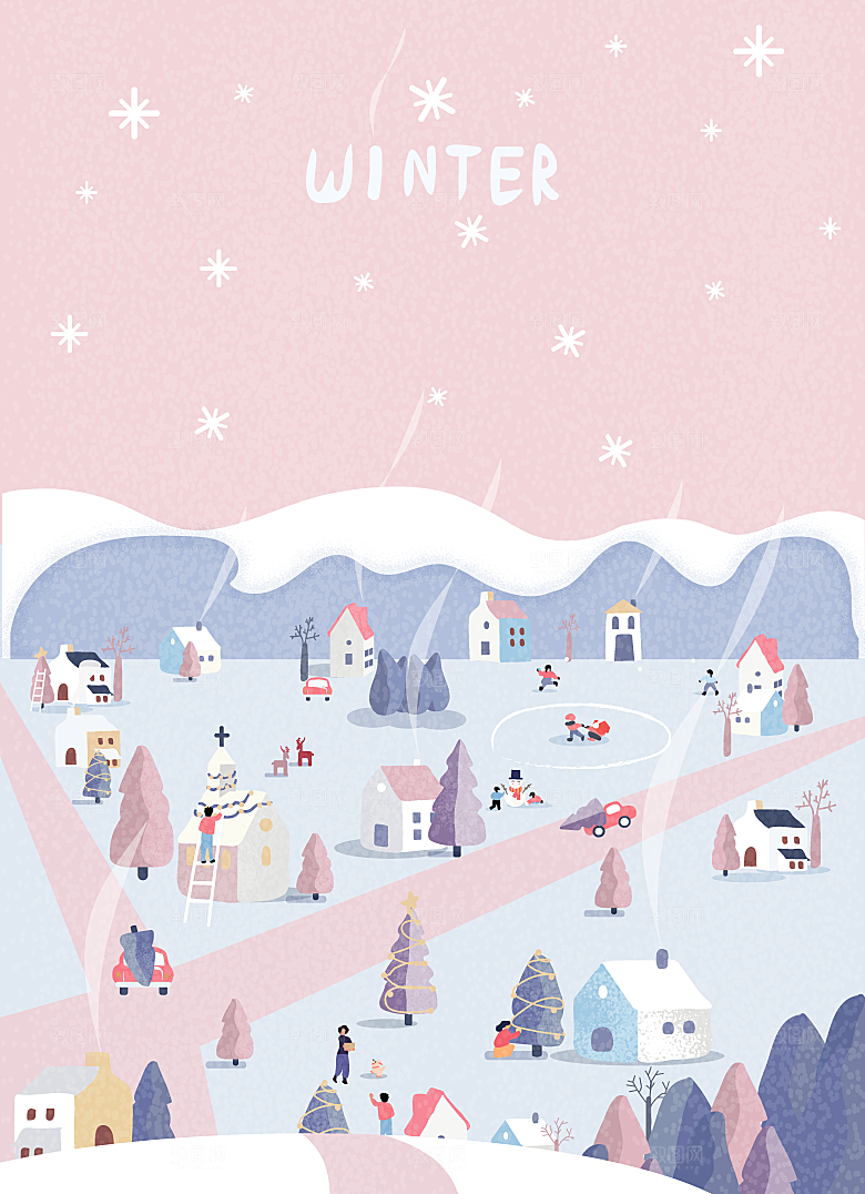 卡通冬日雪季冬季雪地雪人景人物展板