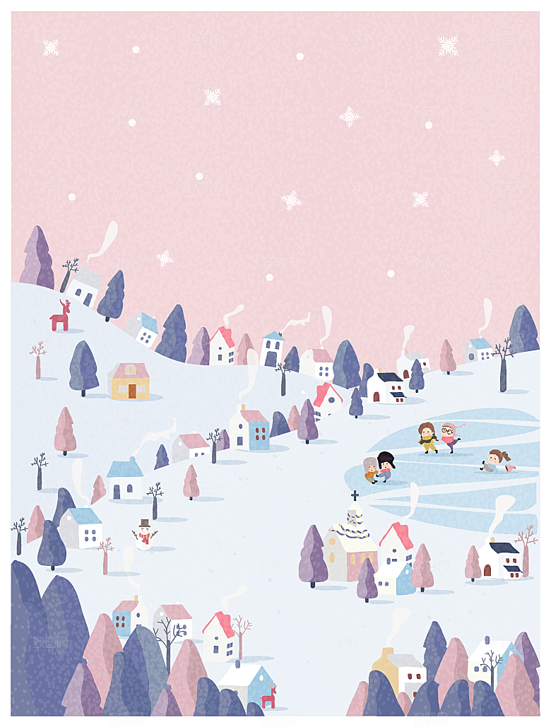 卡通冬日雪季冬季雪地雪人景人物展板