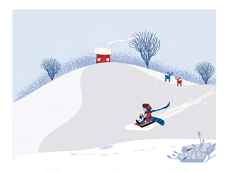 卡通冬日雪季冬季雪地雪人景人物插画设计