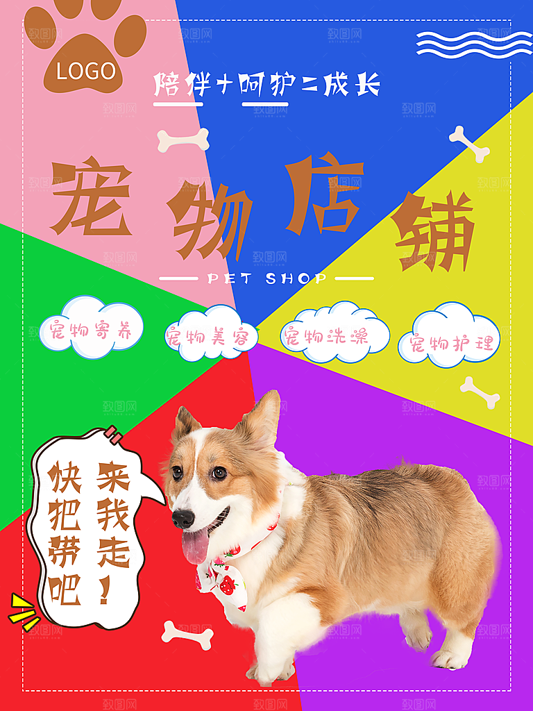 宠物商店海报寄养兽医狗猫粮食柯基美容