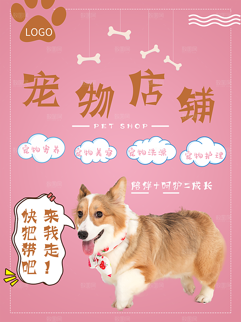 宠物商店海报寄养兽医狗猫粮食柯基美容