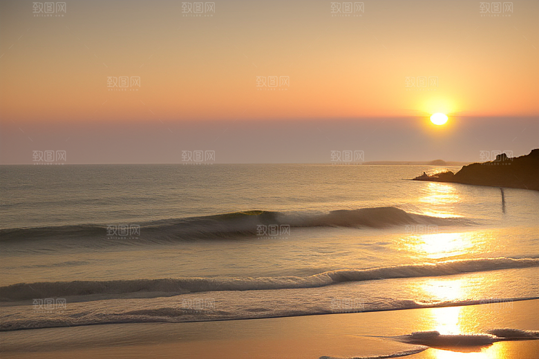 海边日出的海浪拍岸