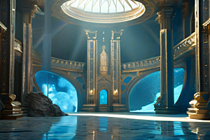 蓝色幻景海底光晕下的水晶宫殿