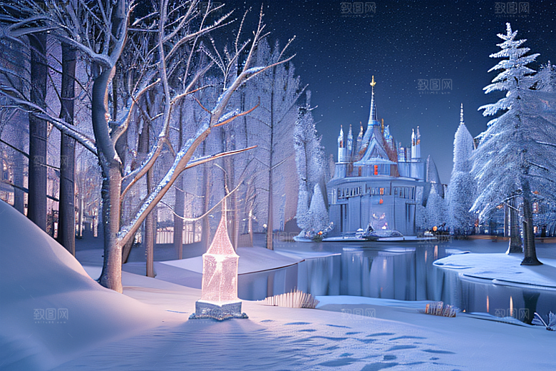 冬夜瑰丽冰雪城堡中的星光细节