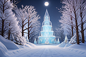 冬夜瑰丽冰雪城堡中的星光细节