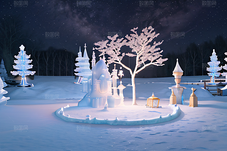 冰雪童话闪烁的雪花与星空的交织