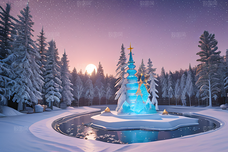 冰雪世界树林被白雪覆盖的壮观景象