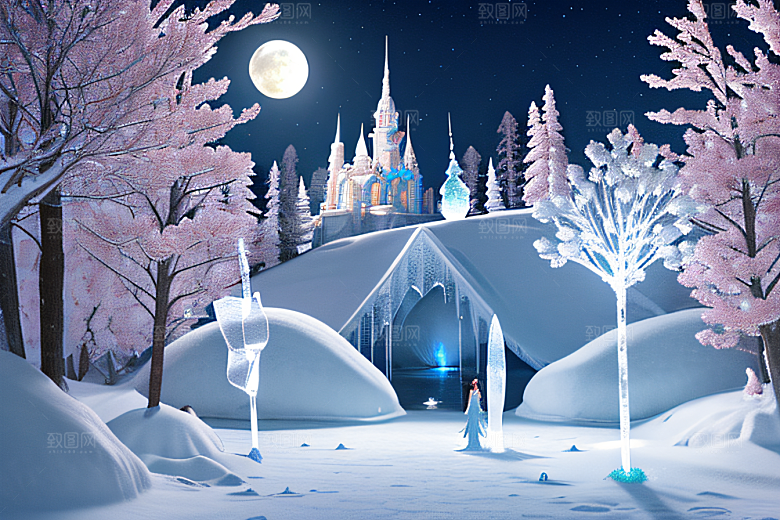 冰雪王国冰雪城堡中的粉色玫瑰