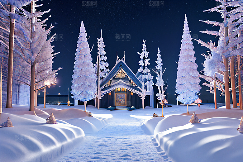 星光璀璨冰雪城堡的冬夜奇景