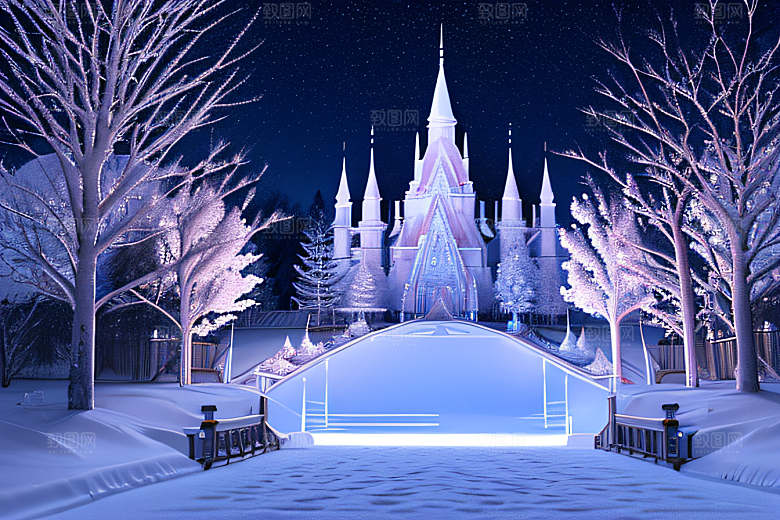 星光璀璨冰雪城堡的冬夜奇景