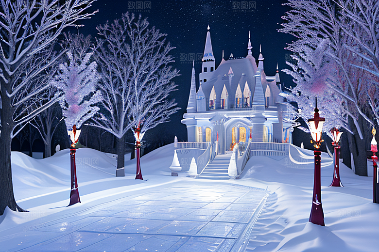 星光璀璨冰雪城堡的冬夜奇景