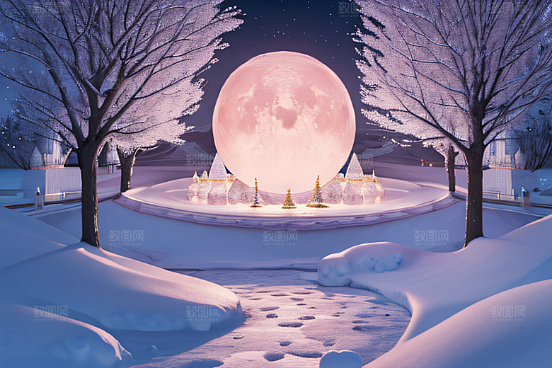 星光璀璨冰雪城堡的冬夜奇景